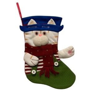 3D Kitty Cat Stocking Hanger Loop Scarf Fish 15.75 Inches Red Green Blue 3-D New